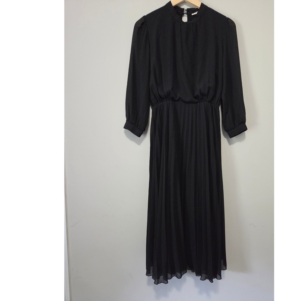 Ellison Black Mock Neck Pleated Midi Dress Long Sleeve Chiffon Keyhole Back M